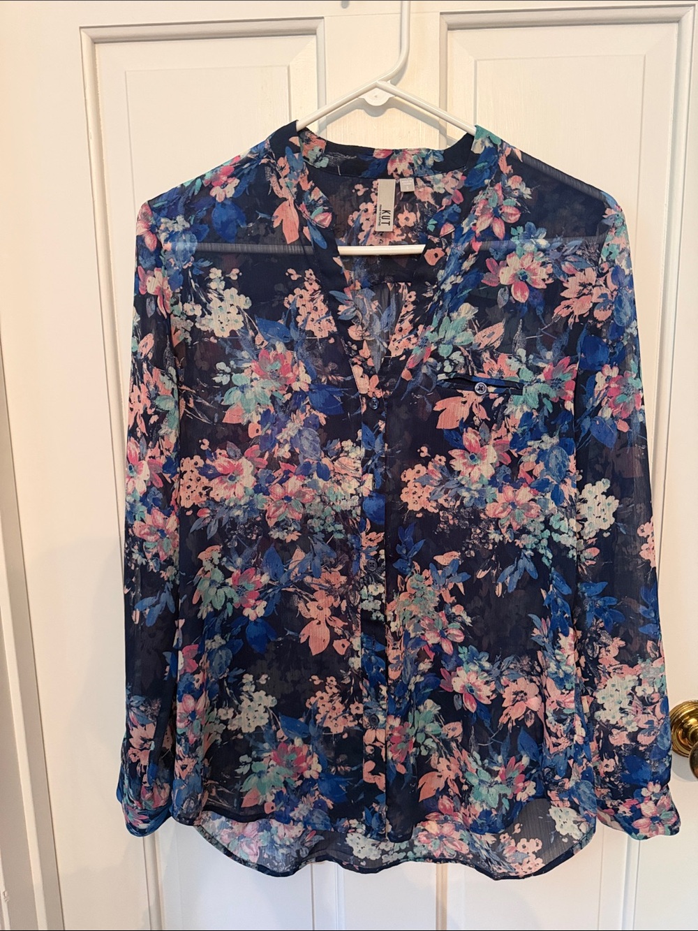 Kut from the Kloth Navy Floral Sheer Button-Up Blouse with Pink Accents